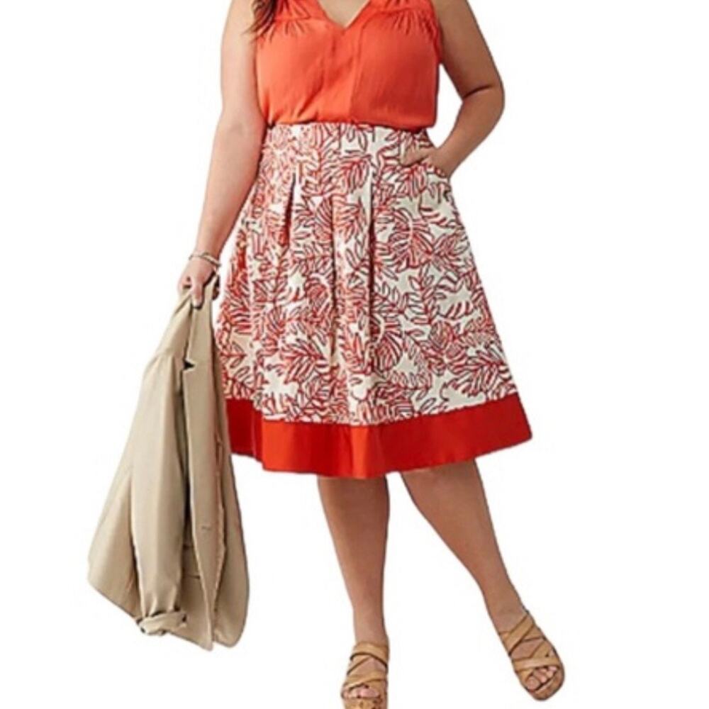 Lane Bryant Plus Linen Blend Floral Leaf Box Pleated Circle Skirt Size 20